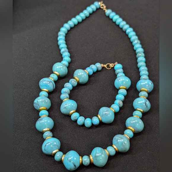 Vintage Teal & Gold Necklace & Bracelet Set - Picture 3 of 9